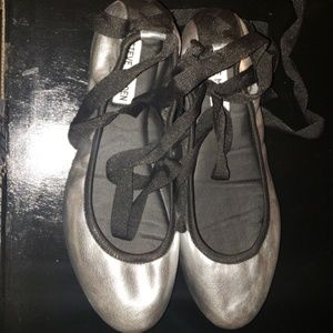 Sliver and black lace up flats
